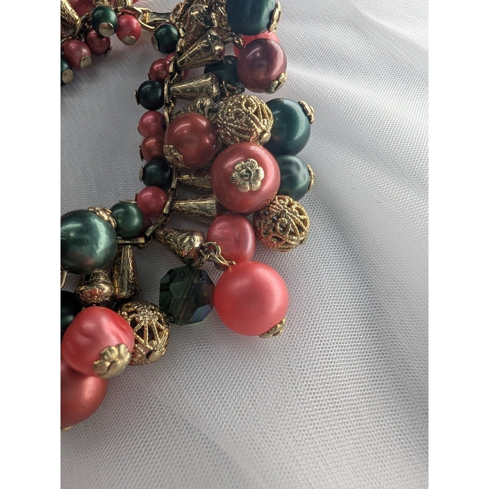 Mid-Century Pink Green Pearl Bead Tassel Collar Bracelet, Gold Tone Filigree - Picture 4 of 7